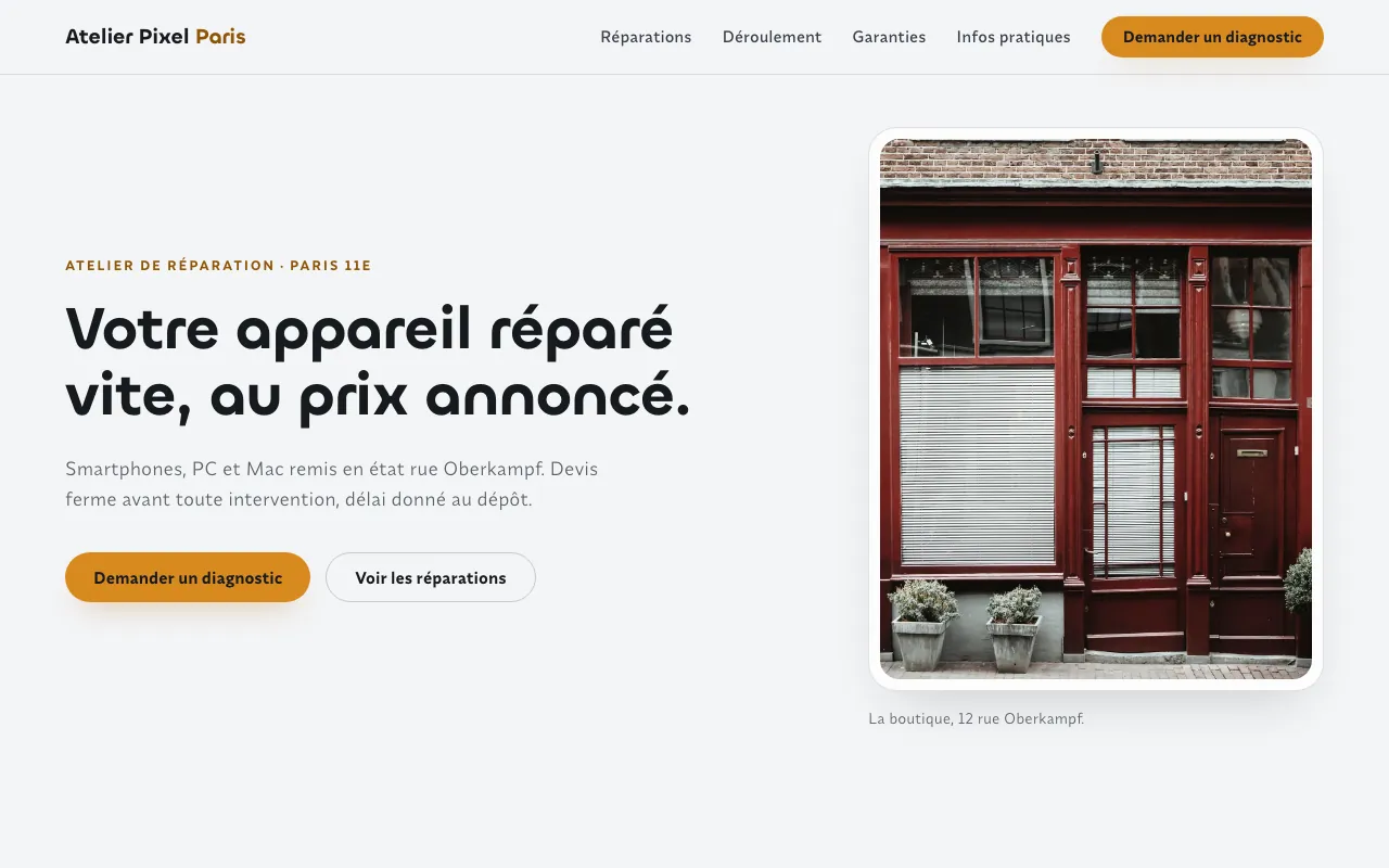Aperçu du site Atelier Pixel Paris, boutique informatique
